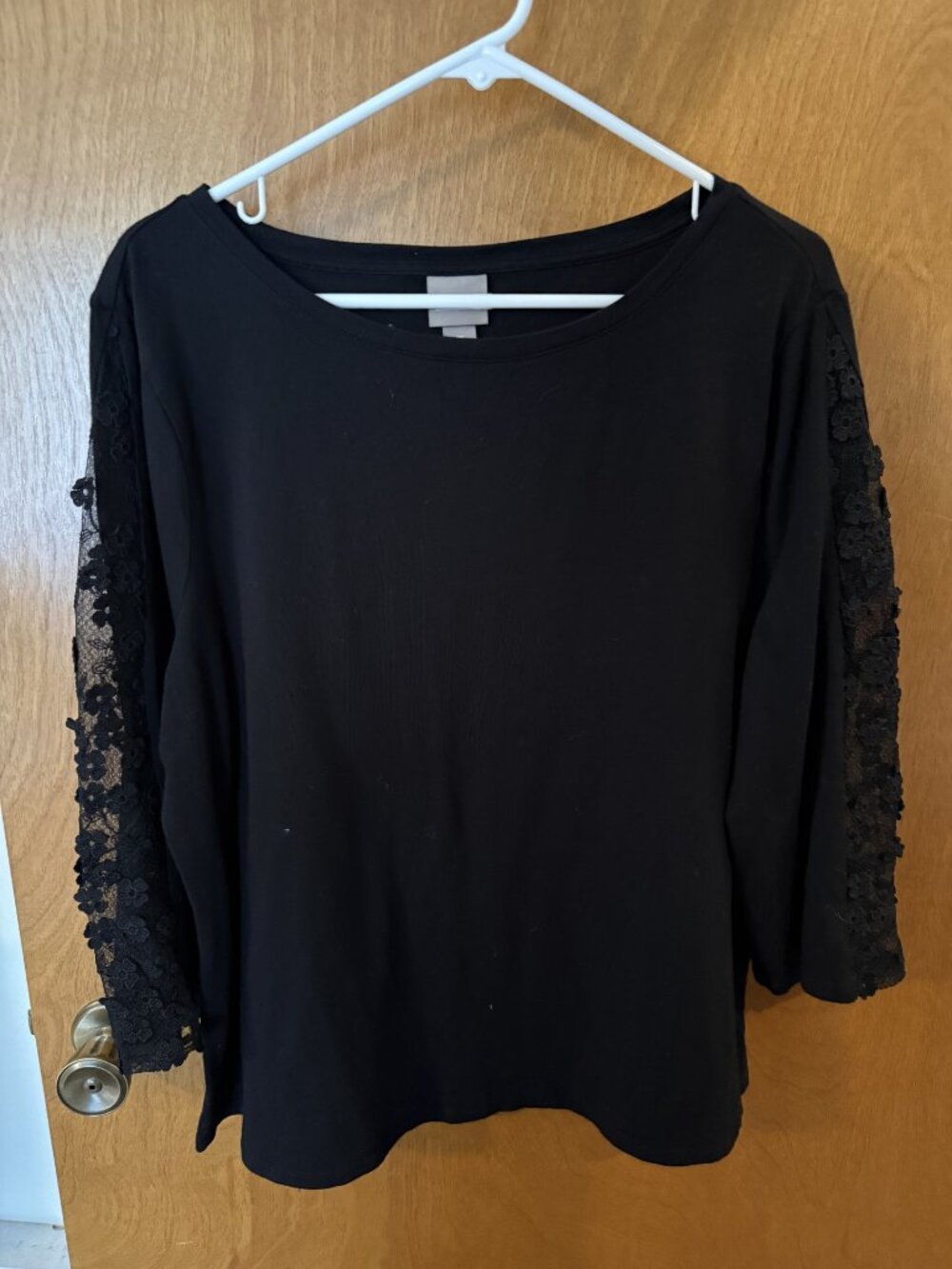 Chico's Easywear Top Womens Size 3 (XL) Black Lace Insert 3/4 Sleeves Knit